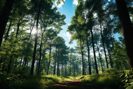 Nature View of Trees in Forest Nature Environment with Sunlight on Blue Skyの素材