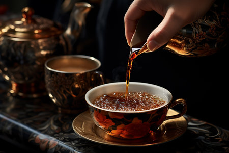Hand Pouring Hot Tea From Teapot Into a Luxury Motif Cupの素材
