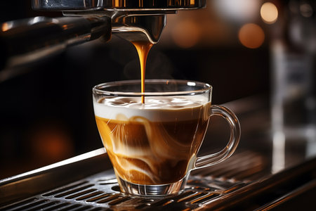 Espresso Pouring from Coffee Machine Flowing Into the Clear Coffee Cup with Milk Mixtureの素材