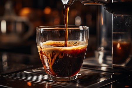 Robusta Pouring from Coffee Machine Flowing Into the Clear Small Glass in Cafeの素材