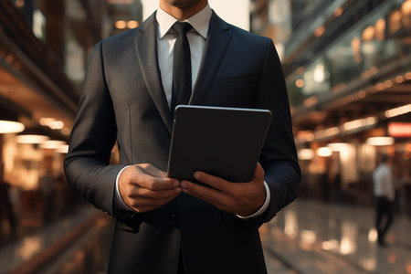Businessman Wearing Suit Holding Tablet to Work More Practical and Efficient Outdoorの素材