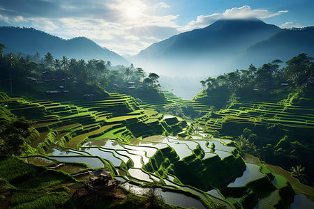 Beautiful Landscape of Green Rice Terraces in Bali with Palm Trees at Bright Skyの素材