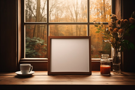 Empty Photo Frame on Wooden Table Near Window with a Cup of Hot Coffeeの素材