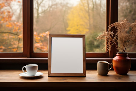 Empty Photo Frame on Wooden Table Near Window with Coffee and Room Decorationの素材