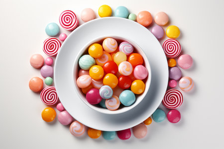 Top View of Colorful Sweet Candies with Various Variants Served on White Bowlの素材