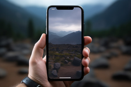 Man Hand Holding Mobile Phone with Screen Showing Landscape of Mountain Natureの素材