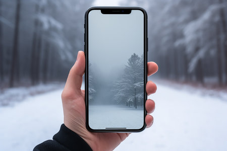Hand Holding Mobile Phone with Screen Showing Tree View in Snow Winter Seasonの素材