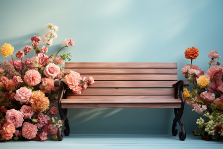 Brown Wooden Bench with Beautiful Flowers on Light Blue Wall Backgroundの素材