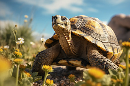 Generative AI Image of a Tortoise Standing in Small Rocks with Flowering Plants at Bright Dayの素材
