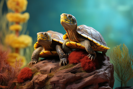 Generative AI Image of a Pair of Small Tortoise Standing on a Rock with Plantsの素材