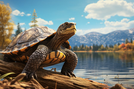 Generative AI Image of a Tortoise Standing in Lakeside with Beautiful Nature View at Bright Dayの素材