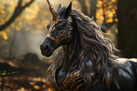 Generative AI Image of Horned Black Horse and Long Haired in Forestの素材