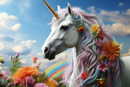 Generative AI Image of Horned White Unicorn with Colorful Hair in Flowering Gardenの素材