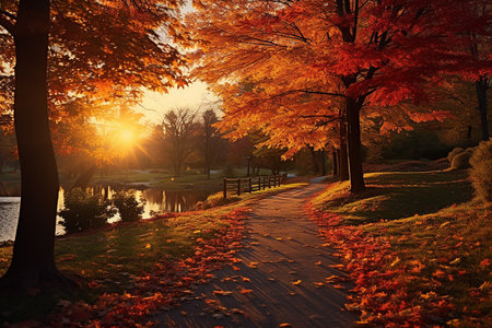 Generative AI Image of Autumn in the Park with Falling Leaves at Sunriseの素材