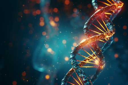 Generative AI Image of Biotechnology Science with DNA Gene Structure on a Blue Light Backgroundの素材