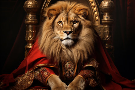 Generative AI Image of a Brown Lion Sitting on a Throne Wearing Red Cloakの素材