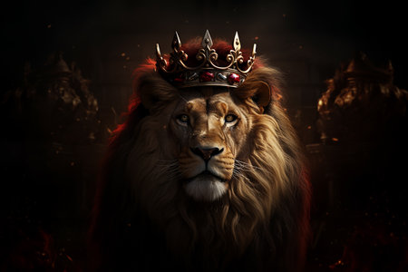 Generative AI Image of a Lion King Wearing a Luxury Crown in Kingdomの素材