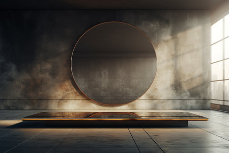 Generative AI Image of Big Circle Mirror in Empty Room at Bright Dayの素材