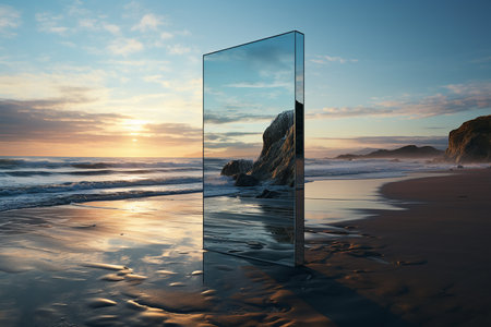 Generative AI Image of Glass Mirror on the Beach with Reflection at Sunsetの素材