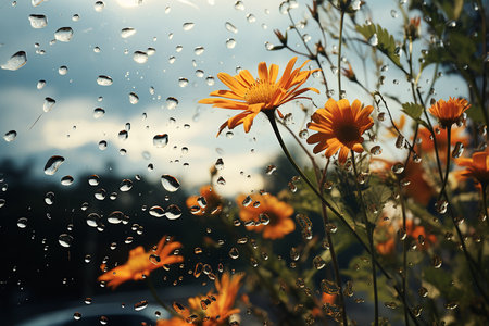 Generative AI Image of Nature Landscape from the Glass with Flowering Plant During Rainの素材