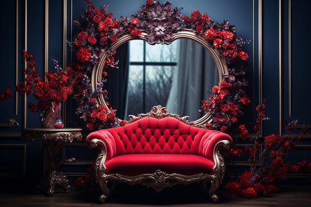 Generative AI Image of Wall Mirror with Red Sofa and Rose Flowers Decoration in Roomの素材