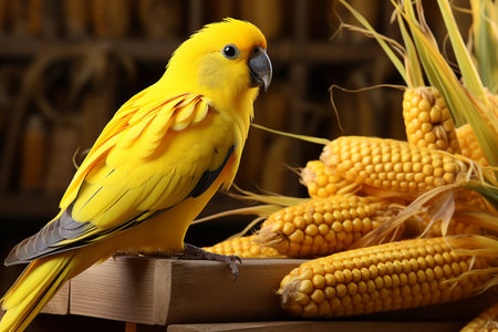 Generative AI Image of a Yellow Feathered Parrot Bird Perched in a Garden with Cornsの素材