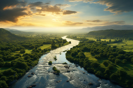 Generative AI Image of Long River Surrounded by Dense Green Trees in Forest at Sunsetの素材