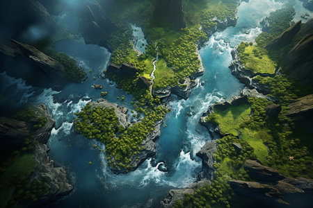 Top View of River Surrounded by Green Trees and Rocky Cliffs AI Generativeの素材