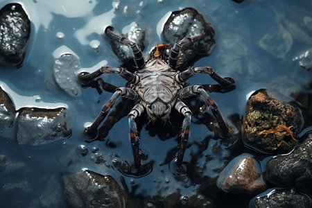 Generative AI Image of Black Spider Animal Standing on a Rocks in the Riverの素材