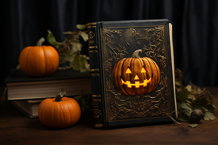 Generative AI Image of Book with Halloween Pumpkin Cover on a Wooden Tableの素材