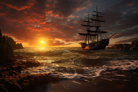 Generative AI Image of Ancient Antique Sailboat in the Sea at Sunset for Columbus Dayの素材