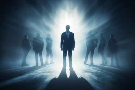 Silhouette of Selected Businessman Standing with Bright Light in Dark Room AI Generativeの素材