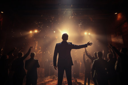 Back View of Successful Businessman with Arm Raised Celebrating His Victory AI Generativeの素材