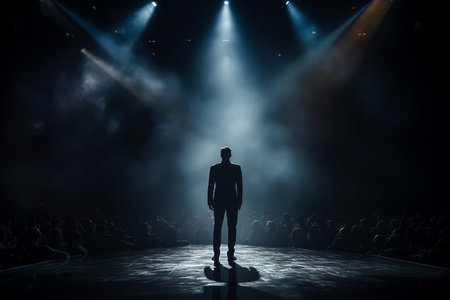 Silhouette of Successful Businessman Standing Confidently on Stage with Spotlights AI Generativeの素材