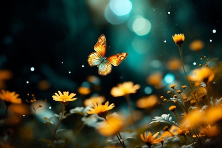 Generative AI Image of Yellow Flowers with Flying Butterfly on Bokeh Backgroundの素材