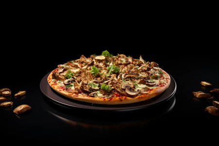 Generative AI Image of Delicious Pizza Food with Mushroom Topping on Black Backgroundの素材
