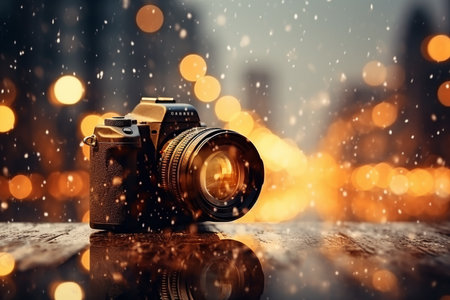Generative AI Image of Camera with Bokeh Lights Background in Winter Seasonの素材