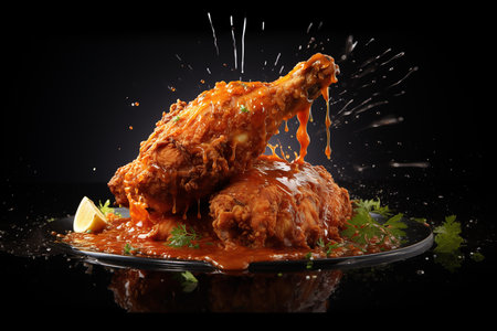 Delicious Fast Food of Fried Chicken with Sauce Served on Black Plate AI Generativeの素材