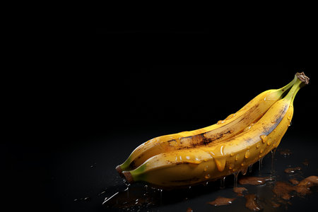 Generative AI Image of Banana Fruit with Water Drops on Dark Backgroundの素材