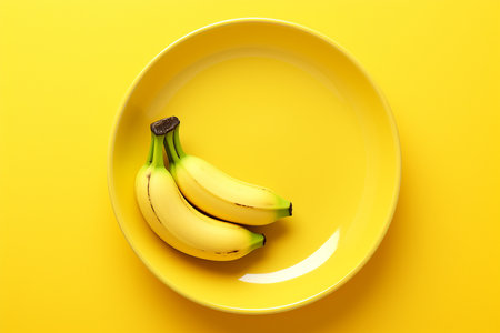 Generative AI Image of Small Banana Fruit in a Plate with Yellow Backgroundの素材