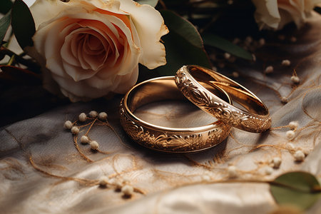 Generative AI Image of a Pair of Gold Wedding Rings as a Symbol of Loyaltyの素材