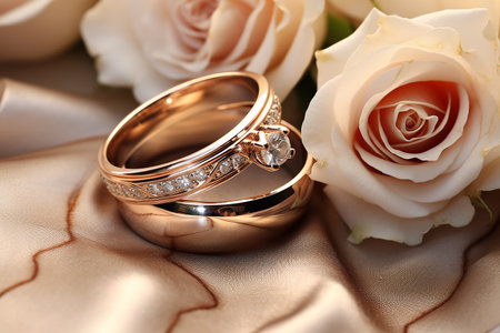 Generative AI Image of a Pair of Gold Wedding Rings with Rose Flower Decorationの素材