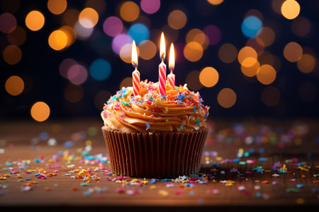 Generative AI Image of Birthday Cupcake with Colorful Sprinkles and Burning Candles on Wooden Tableの素材