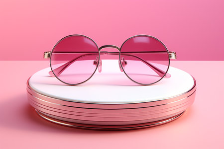 Product Advertisement of Stylish Round Glasses with Silver Frame on Pink Background AI Generativeの素材