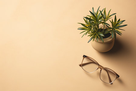 Generative AI Image of Stylish Glasses with Potted Plant on Pastel Backgroundの素材