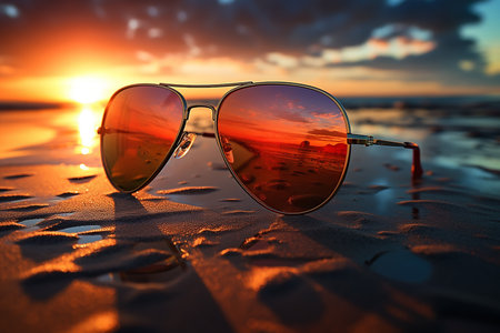 Generative AI Image of Sunglasses on the Beach at Sunsetの素材