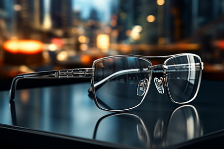 Side View of Stylish Glasses on Black Table with Cityscape Background AI Generativeの素材