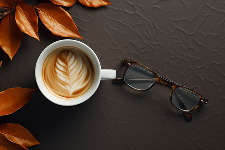 Top View of Glasses with a Cup of Hot Coffee on Dark Table AI Generativeの素材