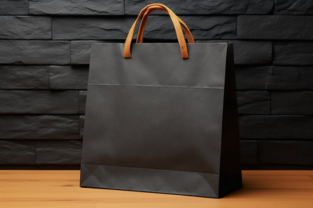 Generative AI Image of Black Paper Shopping Bag with Brown Handles on Wooden Tableの素材