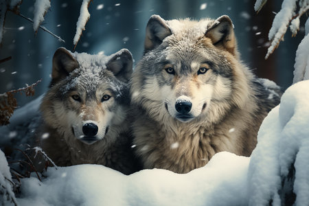 Generative AI Image of a Pair of Wolves in the Forest During Snowfallの素材